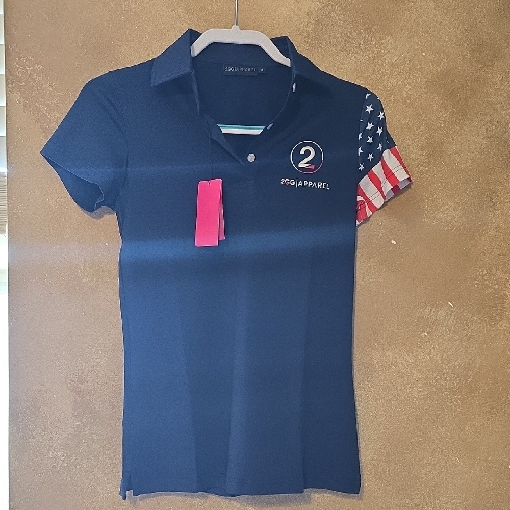 NWT 2GG Apparel Navy Polo Shirt with American Flag Sleeve Women's Size S